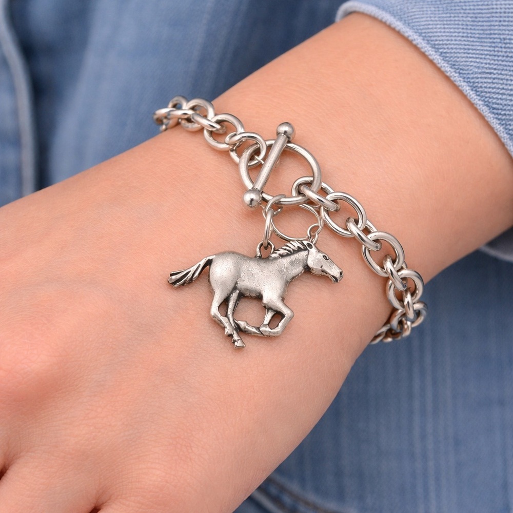 Silver Tone Chain Bracelet Horse Charm Toggle Clasp Equestrian Statement